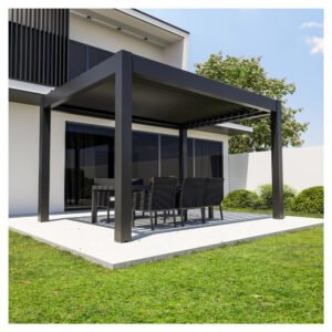 Gardengate Pergola Apolo Aluminium 400 x 400 cm Grau motorisierten Lamellen Grau