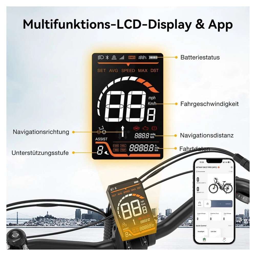 HITWAY E-Bike BK27 Pro 28 Zoll 16Ah Akku Reichweite 70-120KM 250W 7-Gang APP NFC – Bild 3