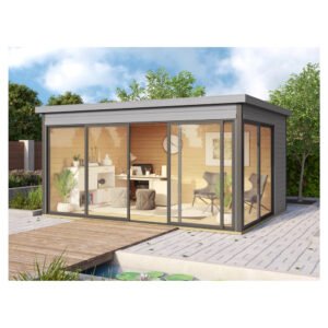 Holz-Gartenhaus 412 Gr. 2 Flachdach Hellgrau Lasiert 437.6 cm x 341.5 cm