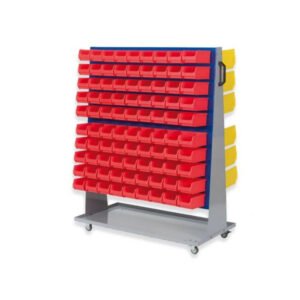 PROREGAL ProfiDrop Systemwagen auf Rollen mit Blauen Systemplatten und 90 x Rote Sichtlagerbox 2,0 und 36 x Gelbe Sichtlagerbox 3,0 130 x 100 x 50 cm