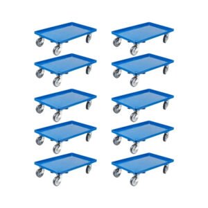 PROREGAL SparSet 10x Transportroller für Euroboxen 60 x 40 cm mit Gummiräder Blau Geschlossenes Deck 2 Lenkrollen und 2 Bremsrollen Traglast 300 kg