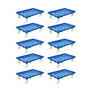 PROREGAL SparSet 10x Transportroller für Euroboxen 60 x 40 cm mit Kunststoffräder Blau Gitter/Rasterdeck 2 Lenkrollen und 2 Bremsrollen 300 kg