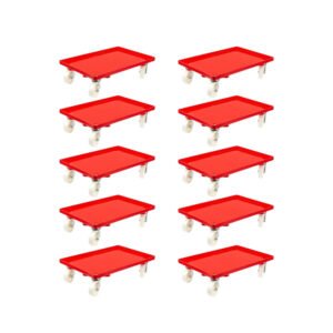 PROREGAL SparSet 10x Transportroller für Euroboxen 60 x 40 cm mit Kunststoffräder Rot Geschlossenes Deck 2 Lenkrollen und 2 Bremsrollen 300 kg